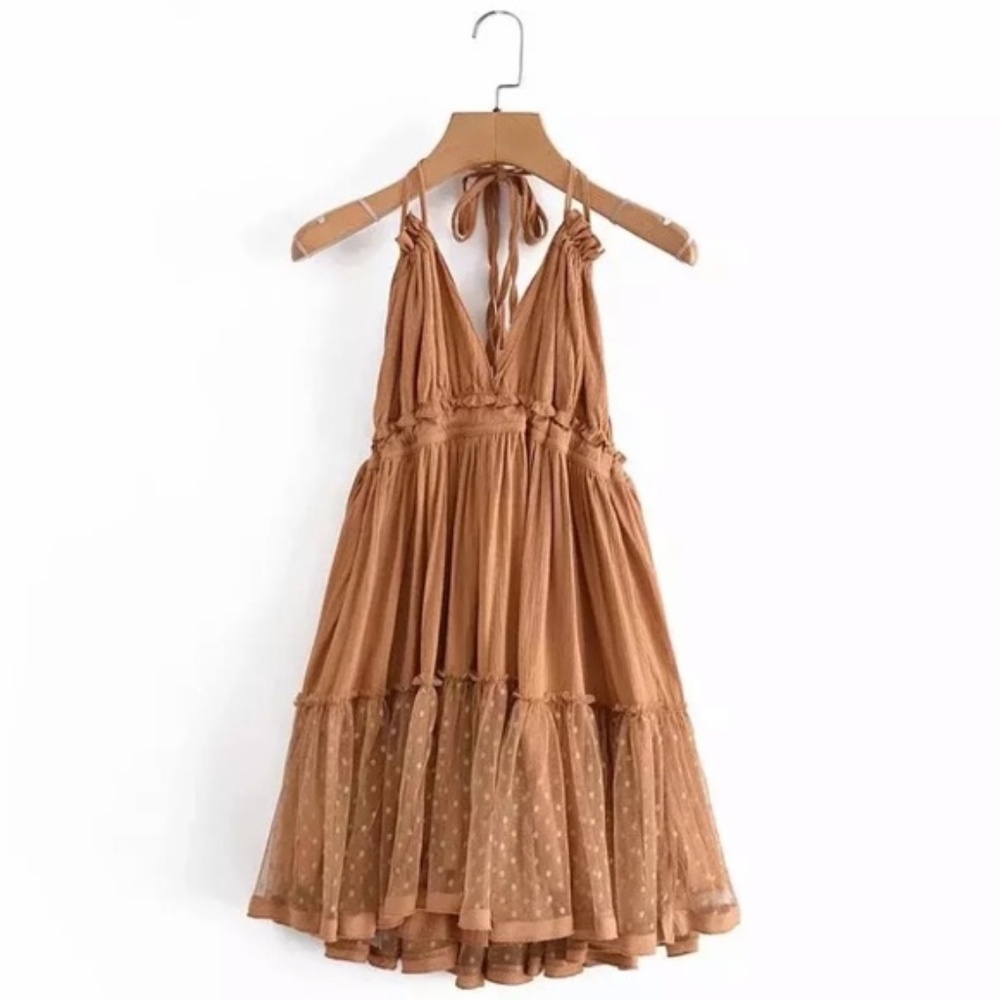 SOLD OUT Khaki Swiss Dot Mesh Boho Halter Mini Dress - Picture 1 of 1
